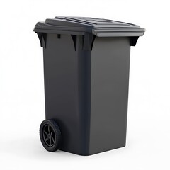 Single, dark-colored, wheeled trash receptacle with a lid on white background.