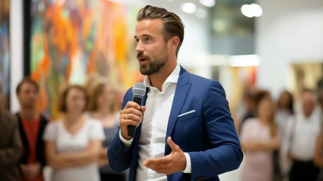 male presenter speaking into microphone, lecturer, auction, art critic, lecture, sale of paintings, performance, art, concert, stand up