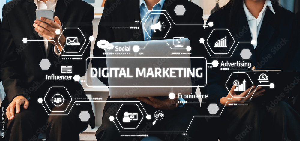Aufkleber a dynamic scene of professionals collaborating on digital marketing strategies using technology. dev