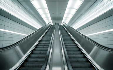 Obraz premium Modern Escalators Leading Upwards in Bright, Symmetrical Subway Station Interior