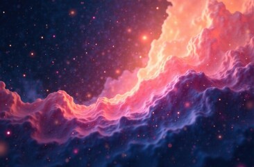 Abstract cosmic landscape featuring vibrant clouds of pink and purple hues illuminated by distant stars, creating a mesmerizing celestial atmosphere with depth and texture