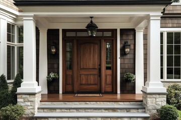 Fototapeta premium Elegant Wooden Front Doorway of a Modern Home