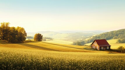 Fototapeta premium Countryside field with a picturesque farmhouse, rolling hills, and a serene sky, evoking an idyllic and tranquil rural ambiance