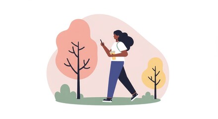 Mixed-race woman walking in a park while using a smartphone  