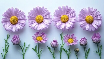 Obraz premium Purple daisies, yellow centers, stems and buds, arranged on soft background. Perfect for spring designs, invitations, or botanical themed projects.