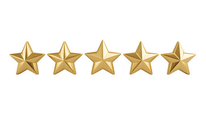 Five golden stars rating concept for best service quality and feedback on transparent background