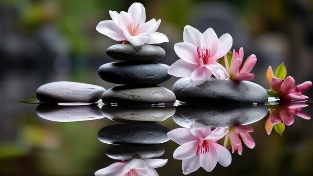 pyramid or tower of stones on the river bank, zen, harmony, chedo, water, rocks, lake, spa, relaxation, nature, tranquility, beauty, balance, landscape, minerals, shape, structure, religious, flower
