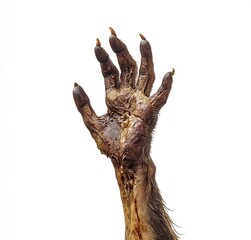 Fototapeta premium A decaying human hand with elongated, claw-like fingers reaches upwards against a stark white background, showcasing the gruesome effects of decomposition.