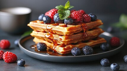 Stack of waffles with berries, mint, and dripping syrup on dark background. Perfect for breakfast menus, recipe blogs, and food photography projects.