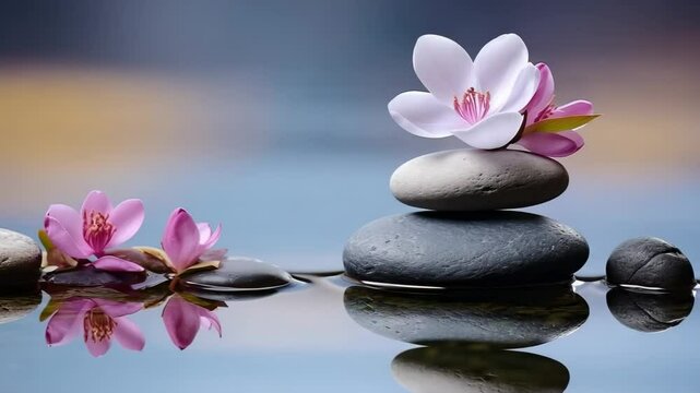 pyramid or tower of stones on the river bank, zen, harmony, chedo, water, rocks, lake, spa, relaxation, nature, tranquility, beauty, balance, landscape, minerals, shape, structure, religious, flower