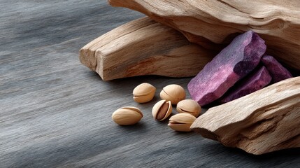 Wooden pieces, purple bars, and pistachios on a dark surface