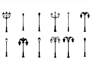 street lamp icon set vector silhouette on white background.
