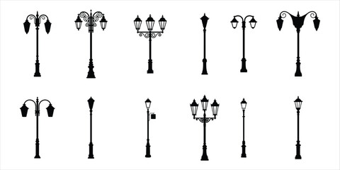street lamp icon set vector silhouette on white background.