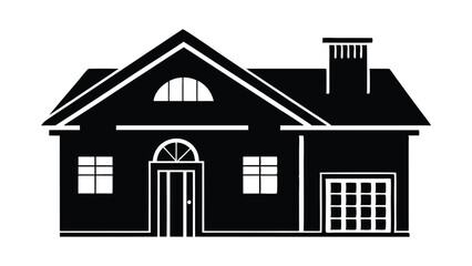 Black and white vector illustration of a house icon with a roof and window, a residential building design element silhouette art on white background
