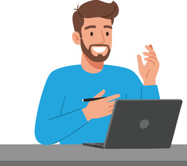 Young man working on laptop computer with pen in hand and happy expression in casual blue sweater