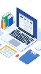 Isometric illustration of a modern workspace with a laptop, documents, and organized stationery, ideal for business, productivity, and office-related themes.