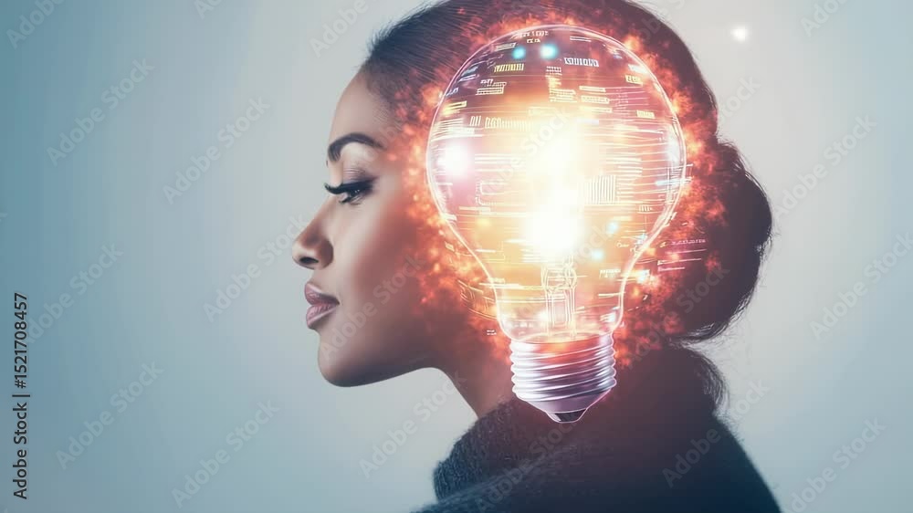 Aufkleber conceptual image of a woman with a lightbulb representing ideas and innovation, glowing with digital