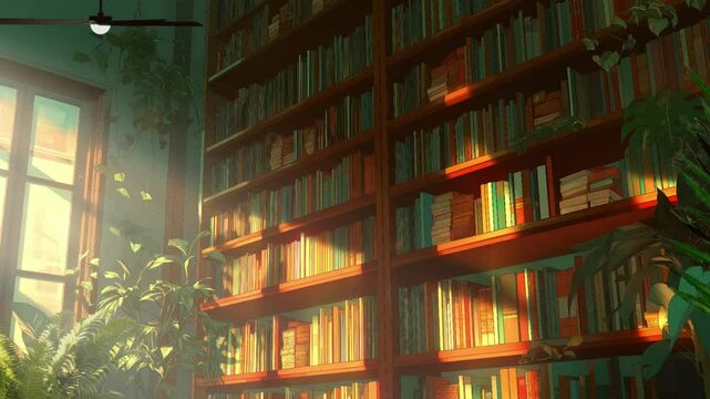 Old Library Books with bookshelf and landscape view in anime or cartoon illustration style animation background 