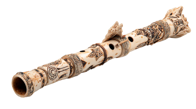 An exquisitely carved wooden flute, displaying intricate Celtic designs against a black background.