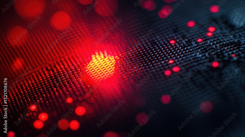 Fototapete Bright red circle on a textured black surface illuminated in dynamic light, creating an eye-catching design for modern technology themes