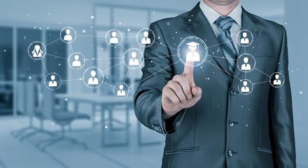Businessman interacting with a network of students and education icons depicting future learning