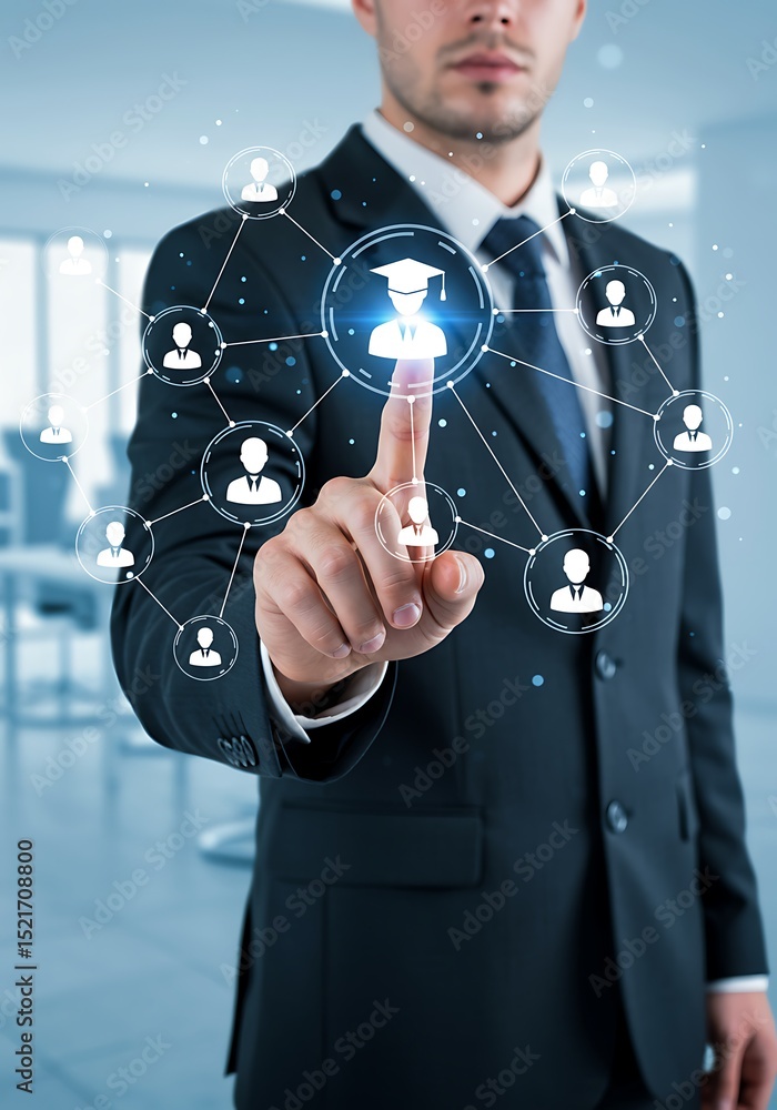 Poster businessman interacting with graduation and networking concept on a touchscreen interface