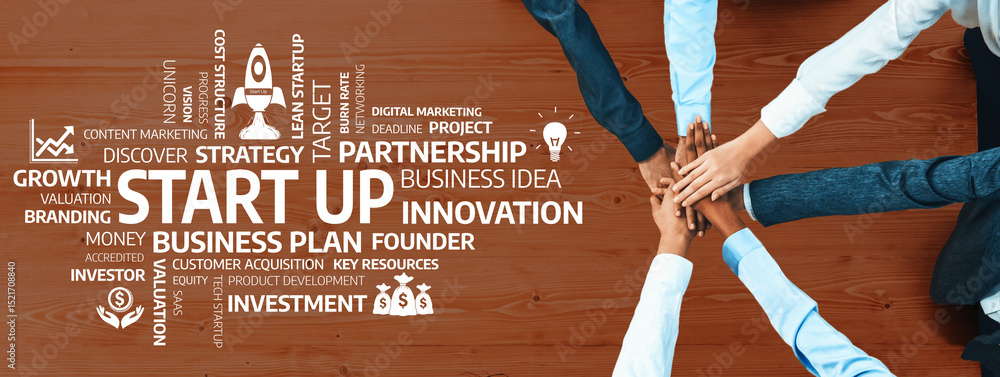 Poster a dynamic image showcasing collaborative hands symbolizing teamwork in a business environment, highl