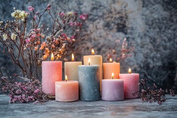 Burning wax candles, Several wax candles lit, their flames flickering gently, illuminating the surrounding space with a soft, warm light