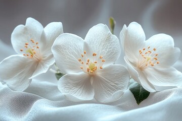 Fototapeta premium Three white jasmine flowers sit atop a wrinkled, light-colored silken fabric. Ideal for projects needing floral, spring, or feminine themes beautifully.