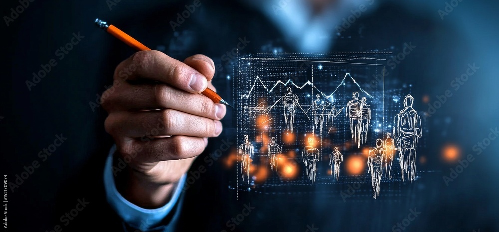 Poster professional using digital pen to create data visualizations in a modern workspace