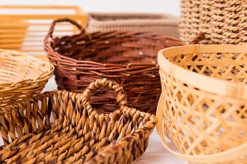 Various kinds of baskets closeup
