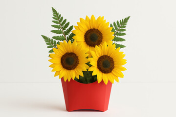 Obraz premium Creative fast food arrangement featuring vibrant sunflowers and ferns displayed in a red fries container on a white background
