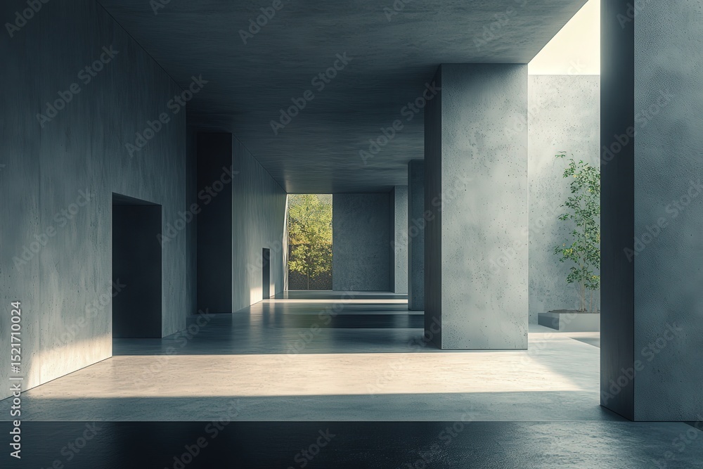 Poster contemporary architectural design featuring minimalist concrete structures and natural light in an o