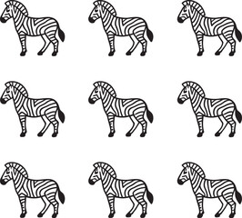 Simple black and white illustration of numerous zebras standing in a repetitive pattern on a white background