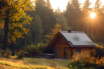 Wooden house with solar panels bathed in soft gol