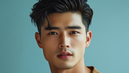 Young man with stylish haircut poses against a light blue background showcasing his striking features and expression during a portrait session in a studio setting