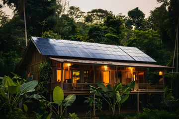 Wooden house with solar panels bathed in soft gol