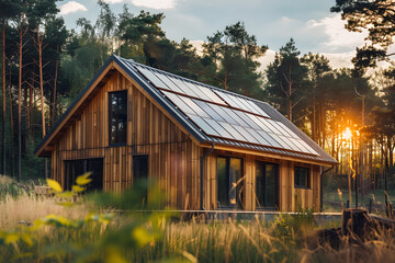Wooden house with solar panels bathed in soft gol