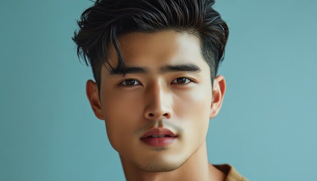Young man with stylish haircut poses against a light blue background showcasing his striking features and expression during a portrait session in a studio setting