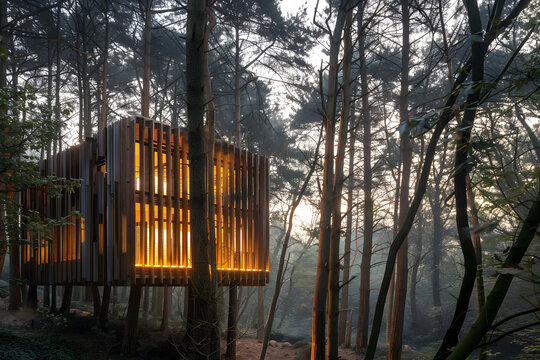Wooden treehouse with solar lights nestled in tal