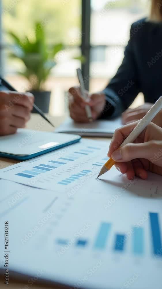 Poster A group of people working together at a table with papers and pencils