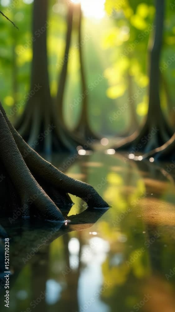 Poster a group of trees standing in water, possibly after flooding or during low tide