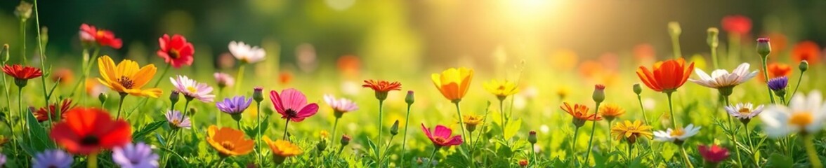 Fototapeta premium Vibrant wildflowers bloom in a sun-drenched meadow, creating a breathtaking tapestry of color and texture Perfect for nature, spring, and floral themes , plants, beauty, countryside
