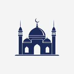 Explore this minimalist mosque silhouette in solid dark blue, featuring a central dome, crescent moon, elegant minaret, and arched doorway.