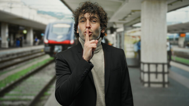 Handsome young man posing outdoors at railway station with train in background, embodying style and confidence in urban setting, suggesting silence with finger on lips.