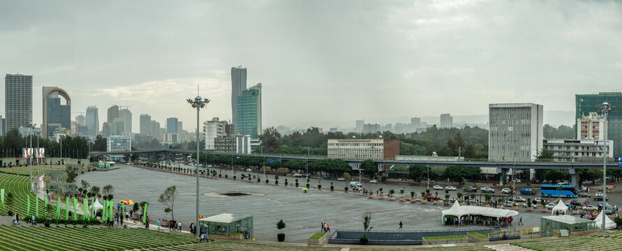 Central square with business district modern skyscrapers of the downtown of Addis Ababa panorama, Ethiopia