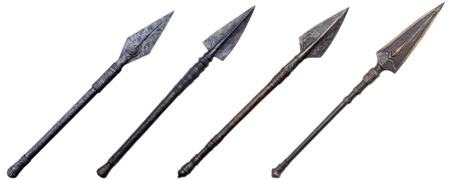 A collection of long spears isolated on a transparent background