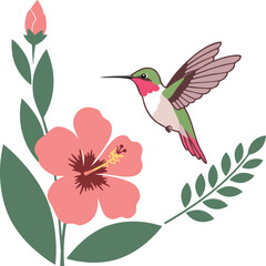 Obraz premium Hummingbird with pink flower and green leaves vector illustration in nature scene with floral elements 