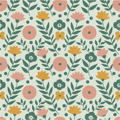 Colorful floral seamless pattern with retro-style flowers.