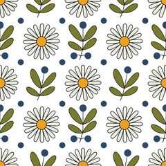 Floral seamless pattern with daisies and leaves.